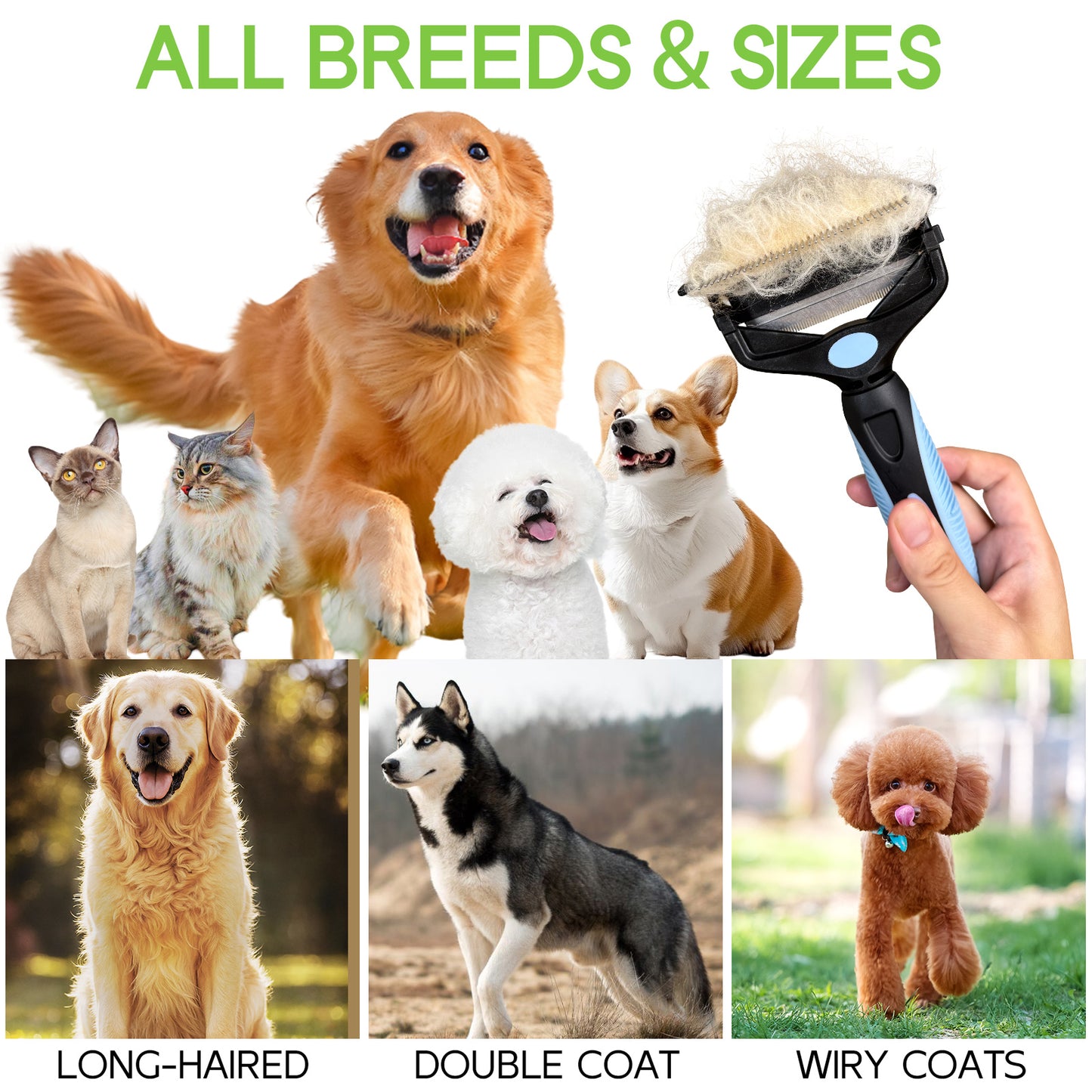 Likeypaw Pet  3-IN-1 Pet Grooming Tool - Undercoat Rake, Dematting Comb & Deshedding Brush for Cats & Dogs