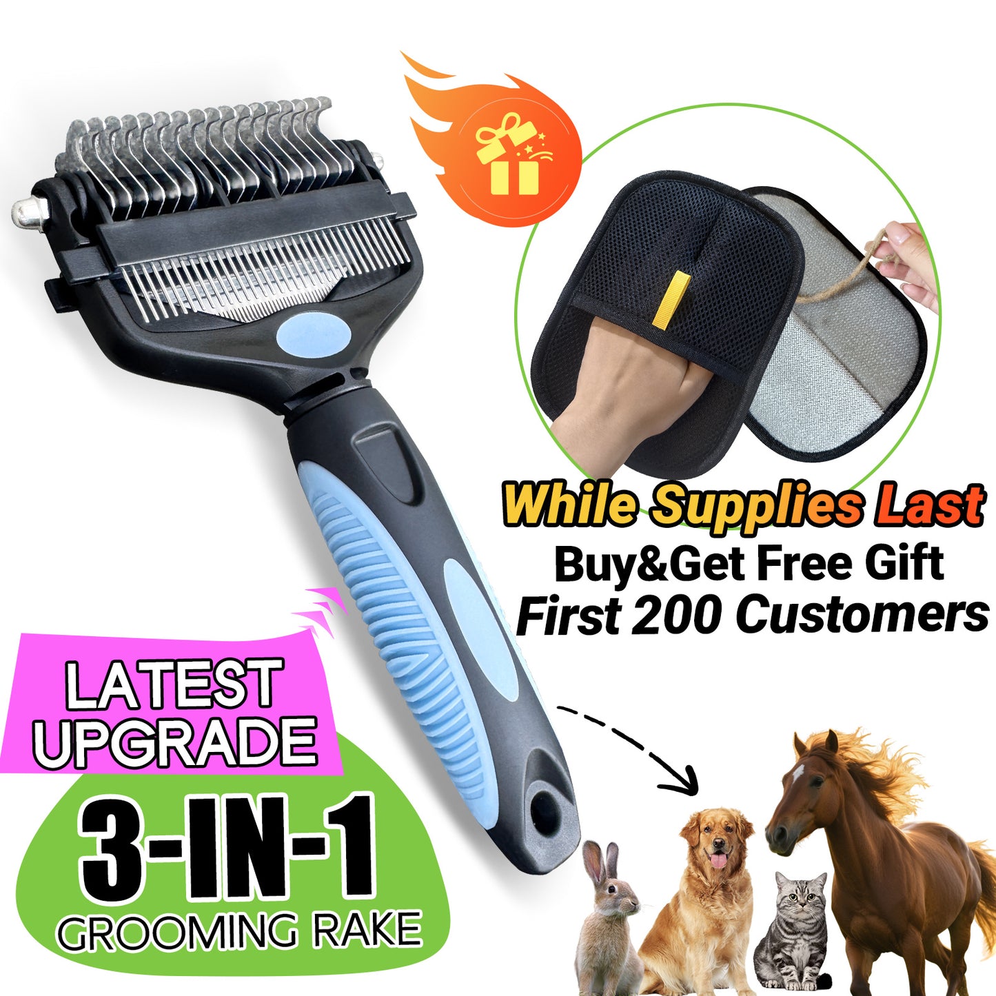 Likeypaw Pet  3-IN-1 Pet Grooming Tool - Undercoat Rake, Dematting Comb & Deshedding Brush for Cats & Dogs